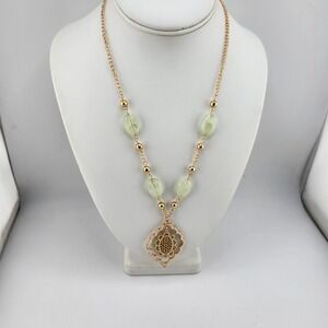 Gold Tone Necklace with Green Beads and Filigree Pendant Fashion Jewelry‎
